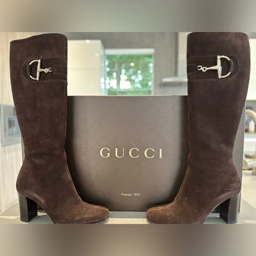 Gucci Hasler Brown Suede Horsebit Riding Boots Like new with original Gucci box - Picture 3 of 7